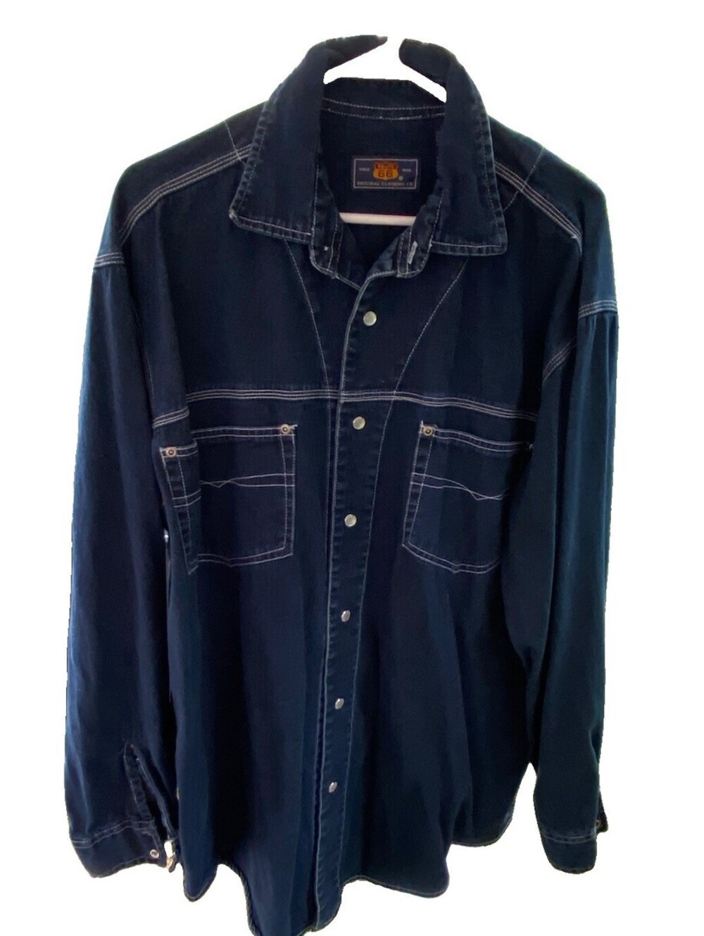 Vintage Route 66 Men's Dark Wash Denim Western Size L Pearl Snaps Long Sleeve